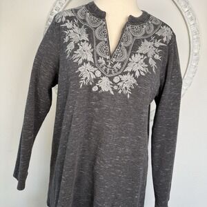 J JILL Petite Med P Heather Grey Embroidered Cotton Blend Long Sleeve Top V Neck